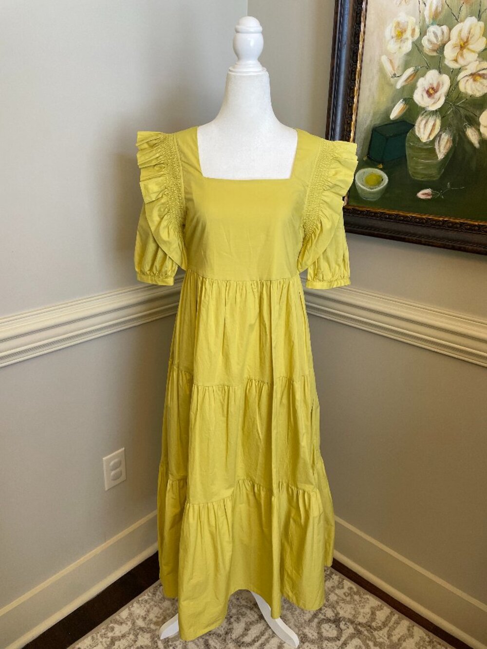 English Factory Chartreuse Square Neck Flutter Sleeve Tiered Midi Dress Size S